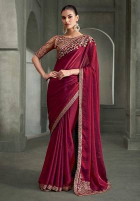 wine faux tissue saree with antique gold embroidered border and blouse 1