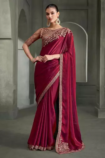 wine faux tissue saree with antique gold embroidered border and blouse
