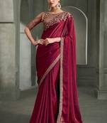 wine faux tissue saree with antique gold embroidered border and blouse