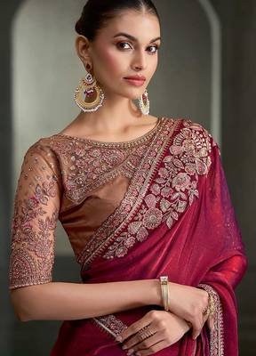 wine faux tissue saree with antique gold embroidered border and blouse 2