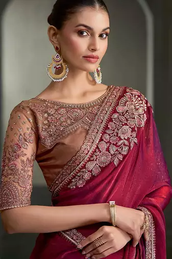 wine faux tissue saree with antique gold embroidered border and blouse
