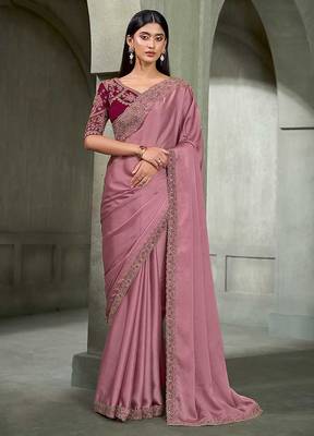 onion pink faux georgette saree with wine embroidered blouse 1