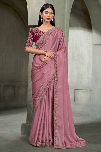 onion pink faux georgette saree with wine embroidered blouse
