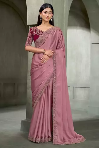 onion pink faux georgette saree with wine embroidered blouse