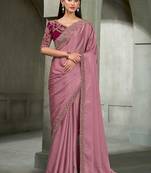 onion pink faux georgette saree with wine embroidered blouse