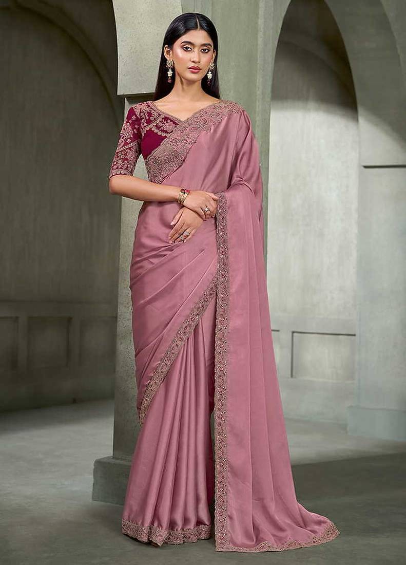 onion pink faux georgette saree with wine embroidered blouse
