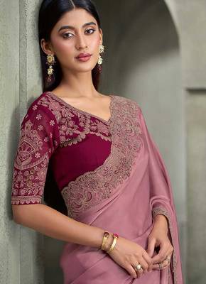 onion pink faux georgette saree with wine embroidered blouse 2