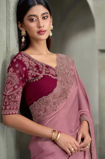 onion pink faux georgette saree with wine embroidered blouse
