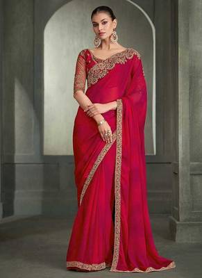 rani pink faux chiffon saree with tone-on-tone embroidered blouse 1
