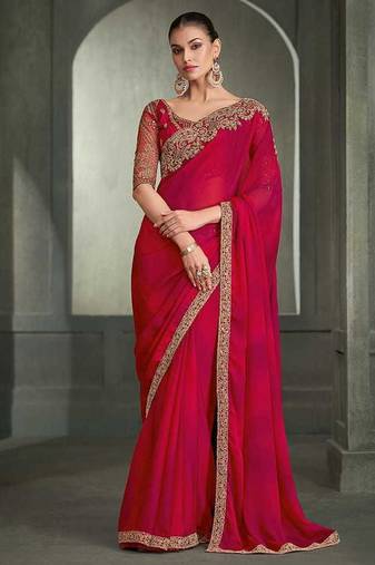 rani pink faux chiffon saree with tone-on-tone embroidered blouse