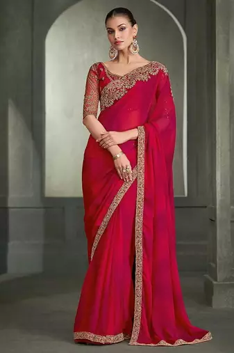rani pink faux chiffon saree with tone-on-tone embroidered blouse