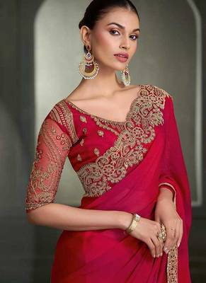 rani pink faux chiffon saree with tone-on-tone embroidered blouse 2
