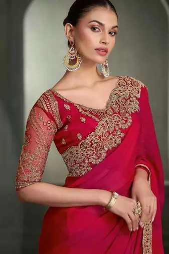 rani pink faux chiffon saree with tone-on-tone embroidered blouse