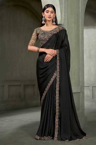 black faux chiffon saree with charcoal grey embroidered blouse