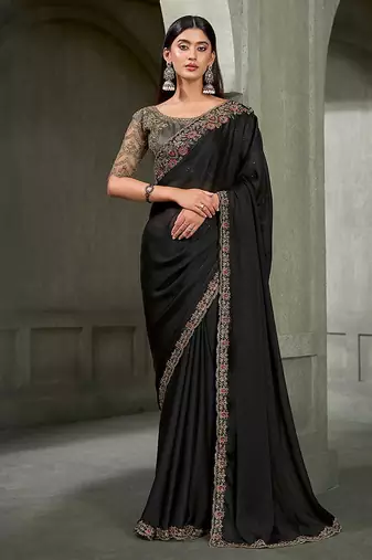 black faux chiffon saree with charcoal grey embroidered blouse