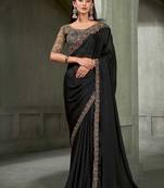 black faux chiffon saree with charcoal grey embroidered blouse