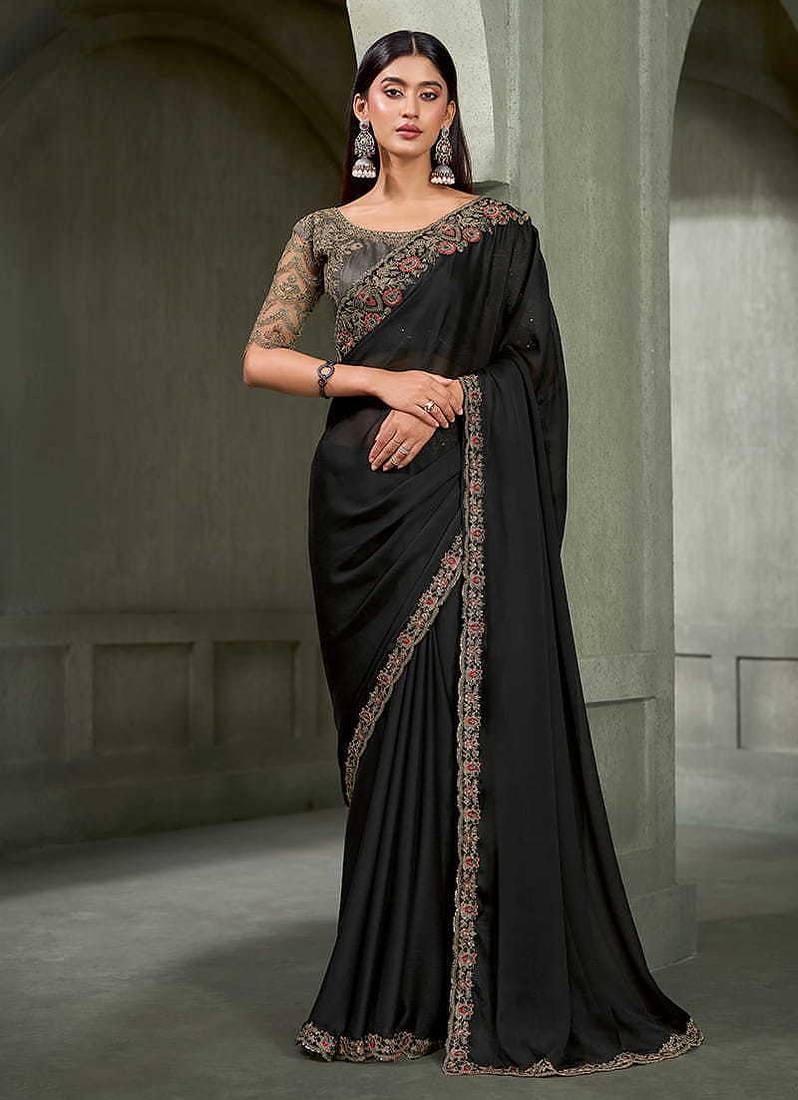 black faux chiffon saree with charcoal grey embroidered blouse