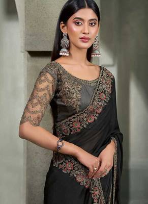 black faux chiffon saree with charcoal grey embroidered blouse 2