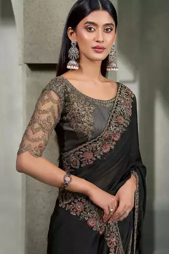 black faux chiffon saree with charcoal grey embroidered blouse