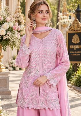 Pink georgette readymade suit with embroidery & sequence work 1