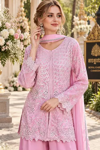 Pink georgette readymade suit with embroidery & sequence work