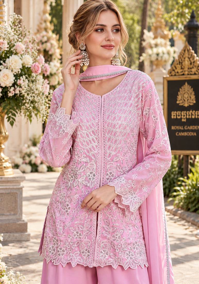 Pink georgette readymade suit with embroidery & sequence work
