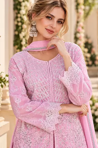 Pink georgette readymade suit with embroidery & sequence work