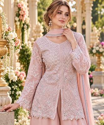 Peach georgette readymade suit with embroidery & sequence work 1
