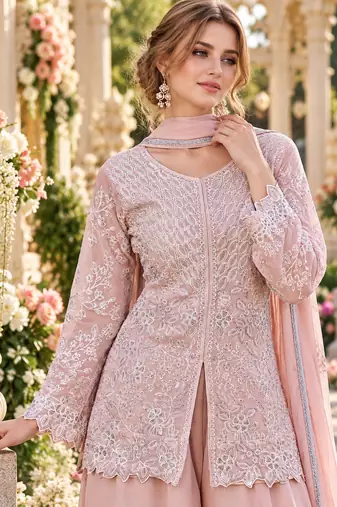 Peach georgette readymade suit with embroidery & sequence work