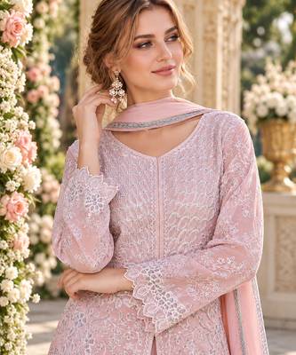 Peach georgette readymade suit with embroidery & sequence work 2