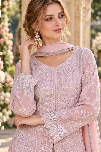Peach georgette readymade suit with embroidery & sequence work