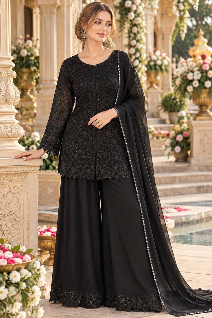 Black georgette readymade suit with embroidery & sequence work