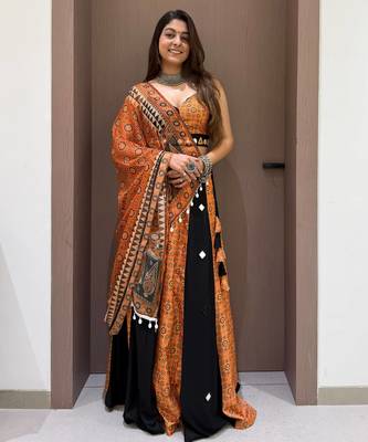 Mustard&Black Rayon Readymade Navratri Lehenga Choli with Embroidery & Mirror Work 1
