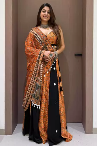 Mustard&Black Rayon Readymade Navratri Lehenga Choli with Embroidery & Mirror Work