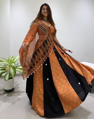 Mustard&Black Rayon Readymade Navratri Lehenga Choli with Embroidery & Mirror Work 3