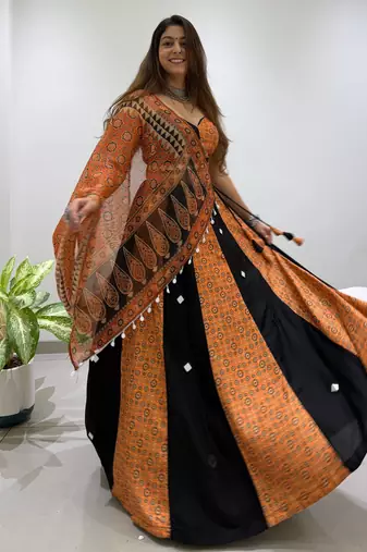 Mustard&Black Rayon Readymade Navratri Lehenga Choli with Embroidery & Mirror Work