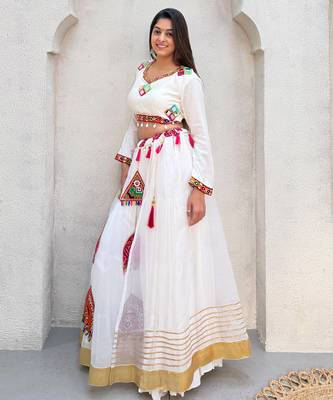 White Rayon Readymade Navratri Lehenga Choli with Embroidery & Mirror Work 1