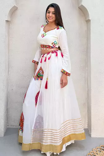White Rayon Readymade Navratri Lehenga Choli with Embroidery & Mirror Work
