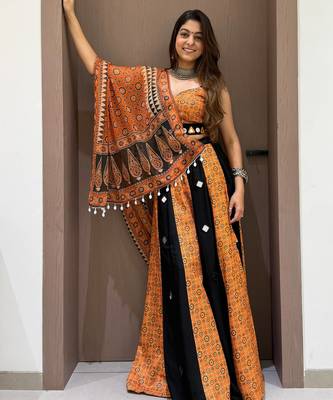 Mustard&Black Rayon Readymade Navratri Lehenga Choli with Embroidery & Mirror Work 4