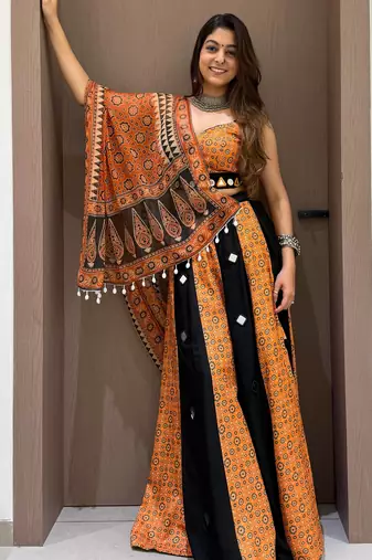 Mustard&Black Rayon Readymade Navratri Lehenga Choli with Embroidery & Mirror Work