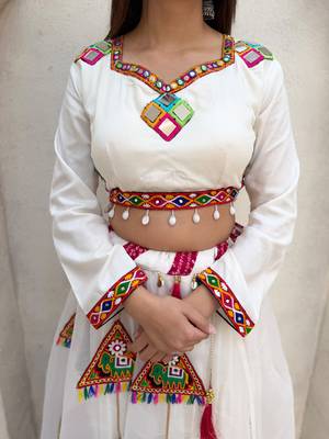 White Rayon Readymade Navratri Lehenga Choli with Embroidery & Mirror Work 2