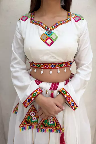 White Rayon Readymade Navratri Lehenga Choli with Embroidery & Mirror Work