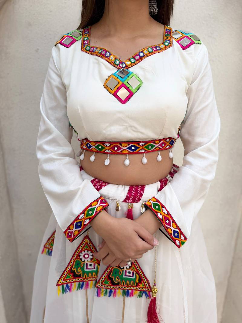 White Rayon Readymade Navratri Lehenga Choli with Embroidery & Mirror Work
