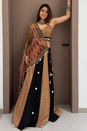 Olive&Black Rayon Readymade Navratri Lehenga Choli with Embroidery & Mirror Work