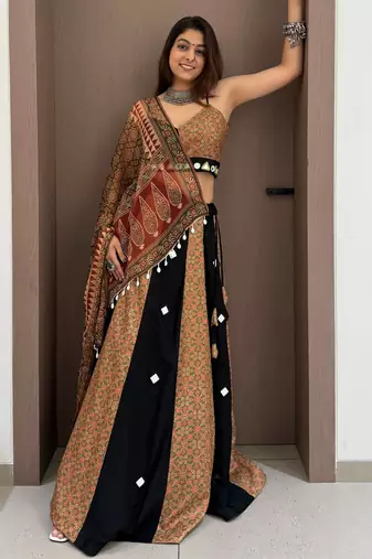Olive&Black Rayon Readymade Navratri Lehenga Choli with Embroidery & Mirror Work