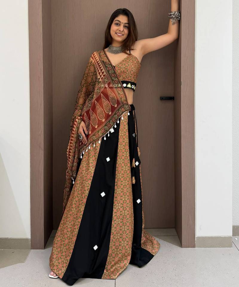 Olive&Black Rayon Readymade Navratri Lehenga Choli with Embroidery & Mirror Work