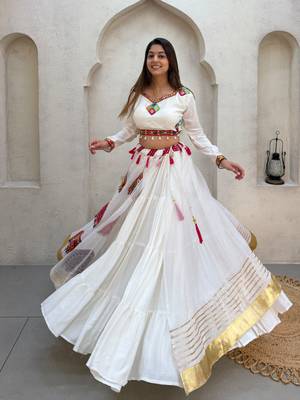 White Rayon Readymade Navratri Lehenga Choli with Embroidery & Mirror Work 3