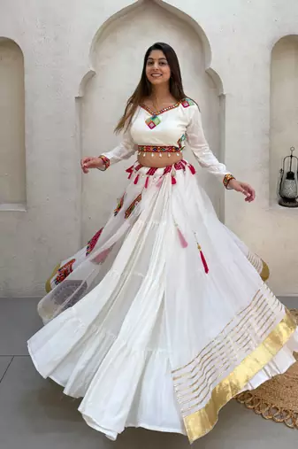 White Rayon Readymade Navratri Lehenga Choli with Embroidery & Mirror Work