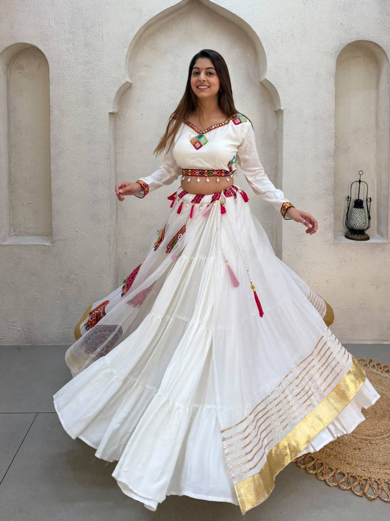 White Rayon Readymade Navratri Lehenga Choli with Embroidery & Mirror Work