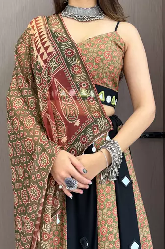 Olive&Black Rayon Readymade Navratri Lehenga Choli with Embroidery & Mirror Work